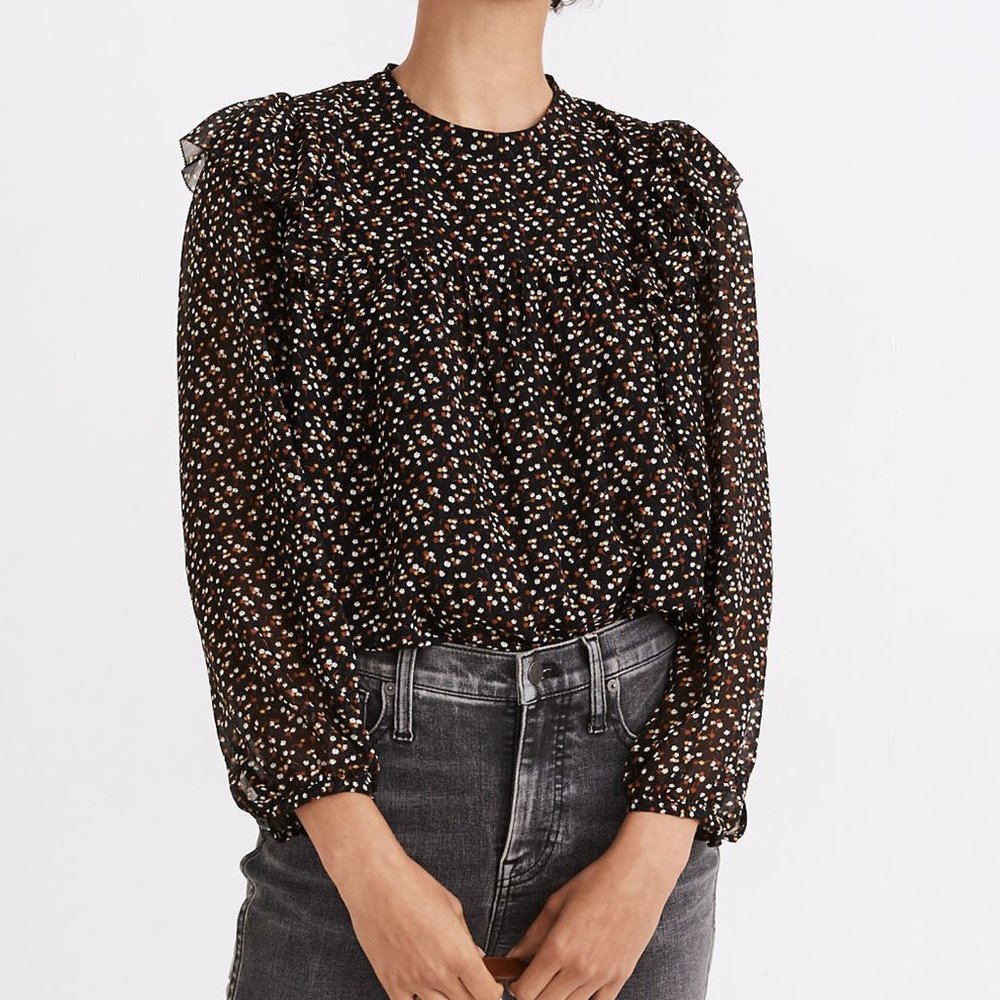 Georgette Mockneck Ruffle-Yoke Puff-Sleeve Top NWT
